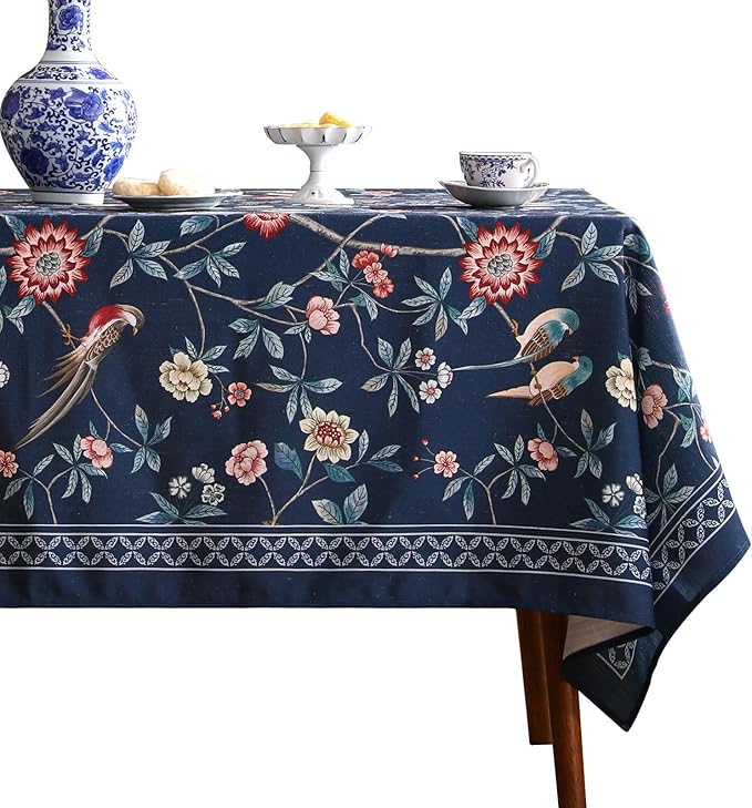 patdrea Designer Dark Blue Linen Rectangle Tablecloth,Vintage Navy French Floral and Birds Pattern Table Cloth,Decoration Table Cover for Kitchen,Dining,Tea Party,Home,Christmas,55"*87"