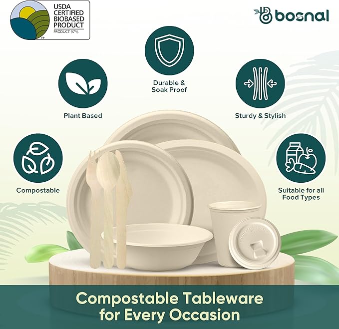 BOSNAL 10 inch & 7 inch Round Plates, 10 inch Oval Plates, 32 oz Bowls & 8 oz Cups with Lidss & Cutlery – 100% Plant-Based Bagasse, Eco-Friendly, Compostable, Microwave Safe, Durable Dinnerware Set