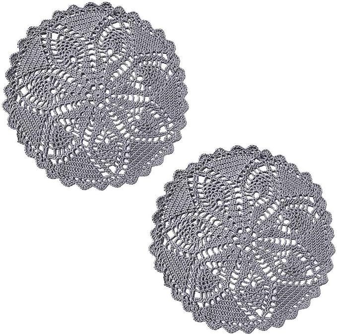 BIBITIME Pineapple Flower Lace Doilies Handmade Crochet Placemats Table Coasters Vintage Wedding Party Decor (Dark Grey, 11 to 12 inches-2PCS)