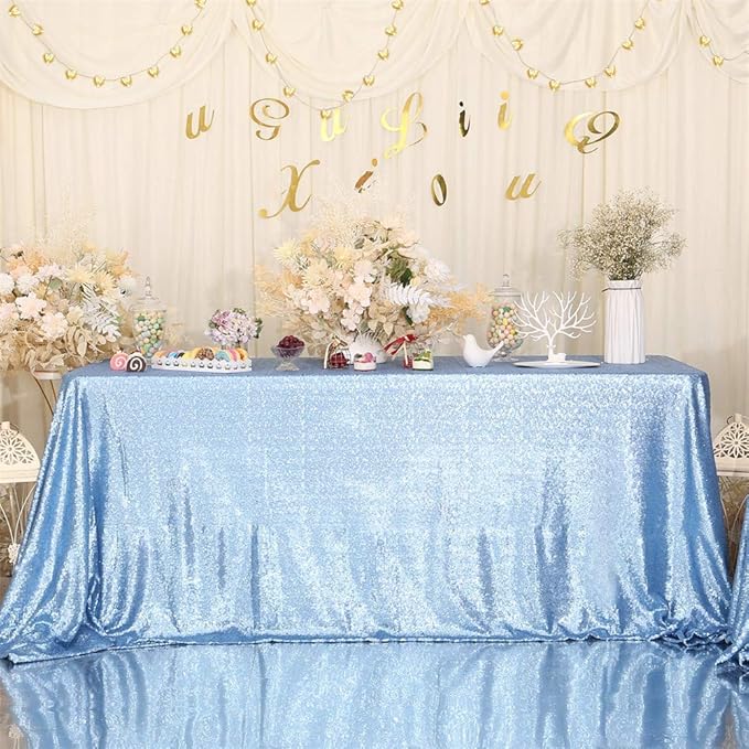 Eternal Beauty Baby Blue Tablecloth, 50x80 Inch Sequin Rectangle Table Cover for Cake Dessert Exhibition Party Birthday Events