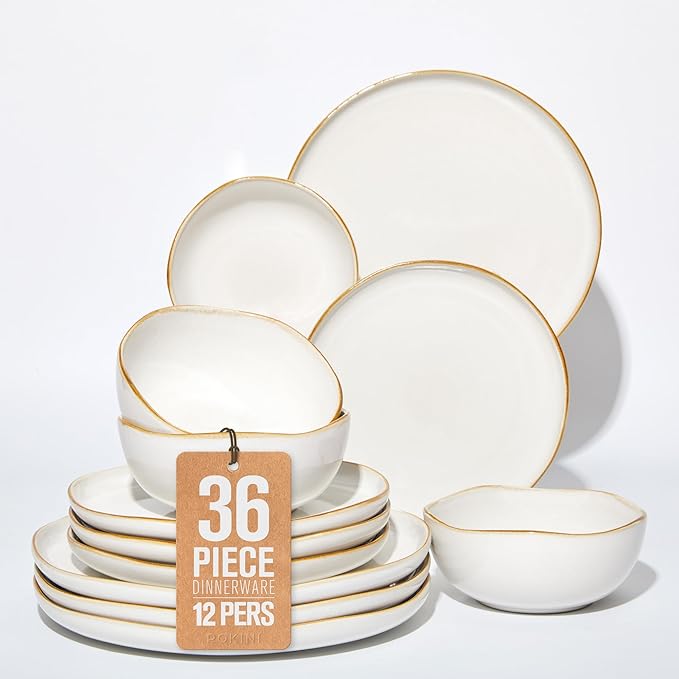 Extra Large Dinnerware Set for 12, 36 Pieces Ceramic Plates and Bowls Set, Kitchen Dish Set, Microwave & Dishwasher Safe Dishware, Ocean-Inspired Stoneware for Big Gatherings, White
