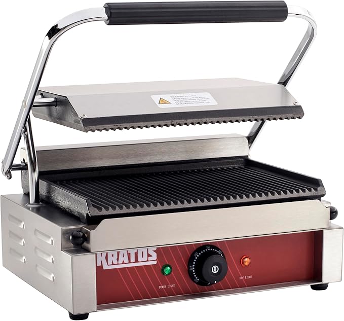Kratos Commercial Electric Panini Sandwich Grill with Grooved Plates, 14" x 9" Cooking Surface, Commercial Countertop Panini Press, 120V, 1750W (29Y-020)