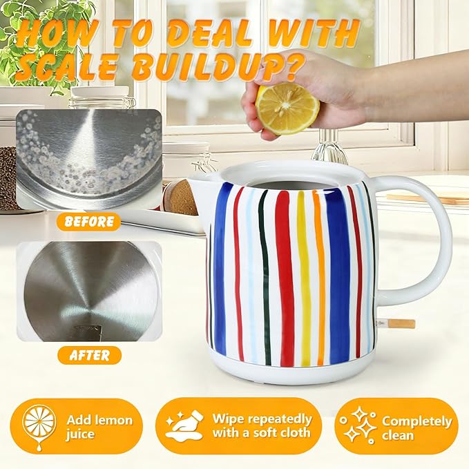 1.0-Liter Ceramic Electric Kettle, 1000W Rapid Boil, Tea Kettles Pot & Hot Water Boiler For Coffee & Tea, Teapot Auto Shut-Off, Boil-Dry Protection (A19)