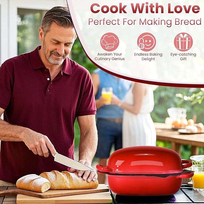 Cast Iron Dutch Bread Oven - 2.5QT Dutch Oven for Sourdough Bread Baking, Cast Iron Bread Loaf Pan with Perforated Non-Stick Silicone Liner, Blue Oval Bread Baking Pan, Gift for Family & Baker,Red
