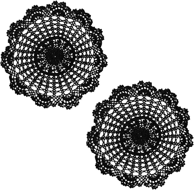 BIBITIME 2PCS Lace Table Doilies Kitchen Placemats Round Handmade Crochet Flower Cup Mug Mat Doily (15 inches to 16 inches,2PCS, Black)