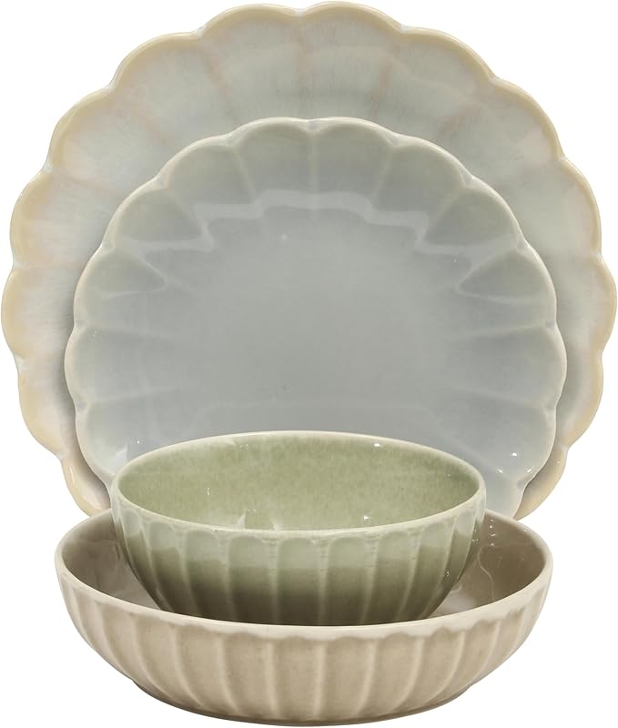 Gibson Elite Malibu Shore 16 Piece Scallop Stoneware Reactive Glaze (Service for 4) Ceramic Plates and Bowls Dinnerware Set - Assorted Color (Shiny Cream White, Blue, Cream, Terracotta)