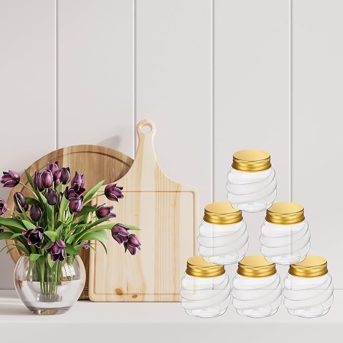 Suclain 50 Pcs 2 oz Mini Honey Jars Party Favors in Bulk Honeycomb Plastic Jars with Gold Lids Wide Mouth Canning Small Containers for Wedding Favors, Baby Shower DIY Gift Jelly Herb Jams Candy