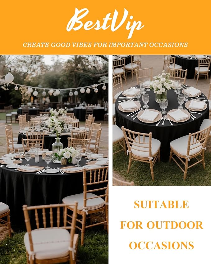 BESTVIP 6 Pack 120 Inches Black Round Tablecloths - Decorative Washable Polyester Table Cloth Cover for Dining Tables, Holiday, Funeral, Buffet Parties and Camping, Events