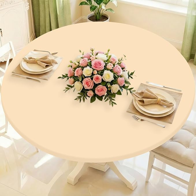 Round Spandex Tablecloth, Elastic Fitted Waterproof Tablecloths for 36"-44" Tables, Stretch Washable Picnic Table Cover for Camping, Dining, Indoor and Outdoor,Ivory