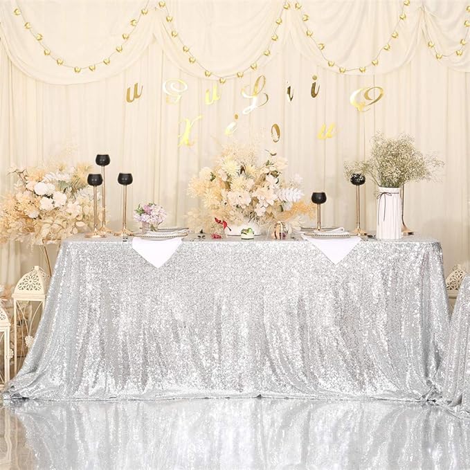 Eternal Beauty Silver Tablecloth, 50x80 Inch Sequin Rectangle Glitter Table Cover for Cake Dessert Exhibition Party Birthday Events