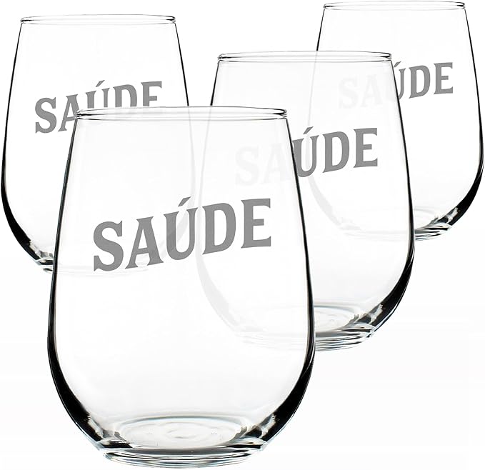 Bevvee Saude - Portuguese Cheers - Stemless Wine Glass - Portugal Themed Gifts or Party Decor for Women - Set of 4 - Large