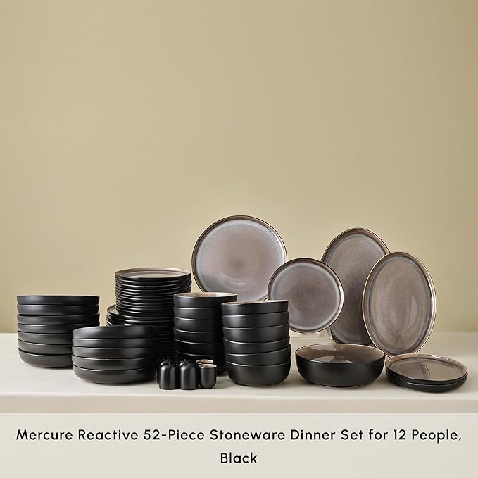 Karaca Mercure 59 Piece Stoneware Plates and Bowls Set, Reactive Glaze Black Dinner Set, Complete Kitchen Tableware Collection, Ideal Dinnerware for 12 People Dining Experience, Dishwasher Safe