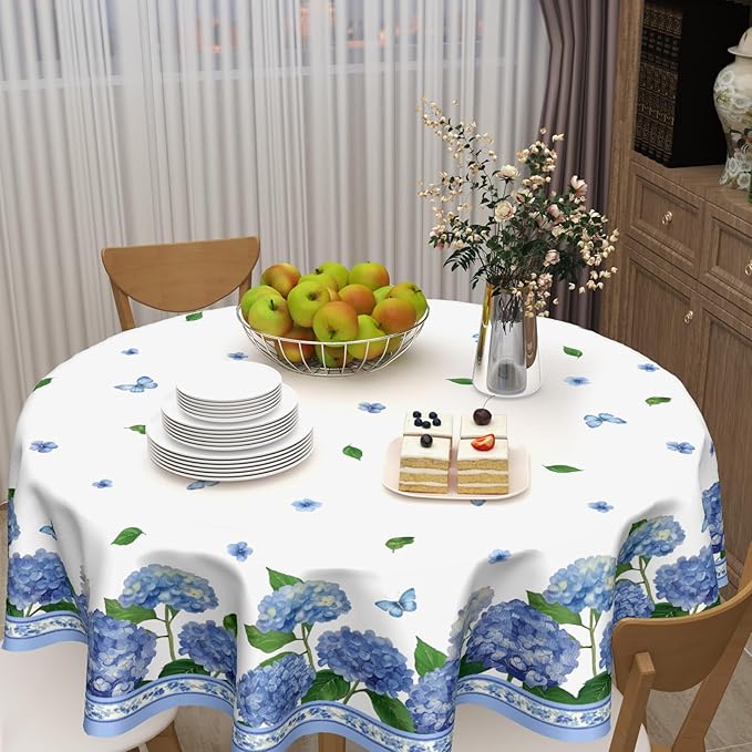 Spring Summer Round Tablecloth 60 Inch Easter Blue Hydrangea Watercolor Floral Butterfly Polyester Table Cloth Cover Rustic Farmhouse Decoration for Holiday Party Kitchen Dinner