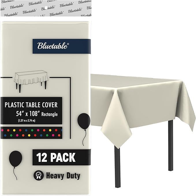 Plastic Tablecloth Disposable Ivory Rectangle (12 Pack) Bulk - Ultra Heavy Duty Table Cloth (54” x 108”) 6 Foot or 8 Foot Tables, Premium Ivory Party Table Cloths Birthdays [12 Pack]