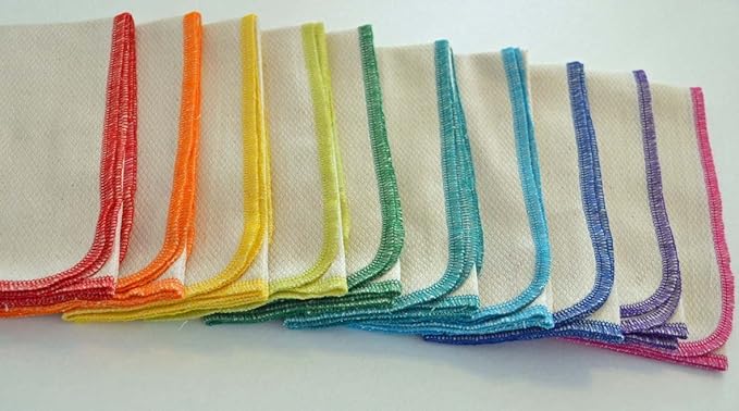 Gina's Soft Cloth Shop 2 Ply 11x12 Inches Unbleached Cotton Birdseye Paperless Towel Set of 10 Rainbow Edging - Proudly Made in the USA!