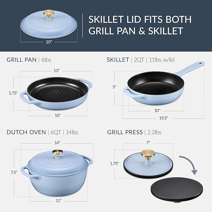 Best Choice Products Non-Stick Pot & Pan Cookware Set, Cast Iron, 2Qt Skillet W/Lid, 10" Grill Or Griddle Pan W/Press, 6Qt Enameled Dutch Oven, Non-toxic, For Cooking & Grilling - Cornflower