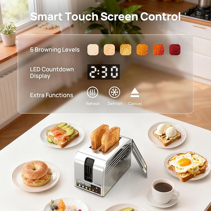 Toaster 2 Slice, Consciot Smart Touch Screen Toasters with 6 Browning Levels, Timer, Reheat/Defrost/Cancel, Extra-Wide Slots, Removable Crumb Tray, Auto Pop-up & Anti Jam, Peak 925W, Stainless Steel