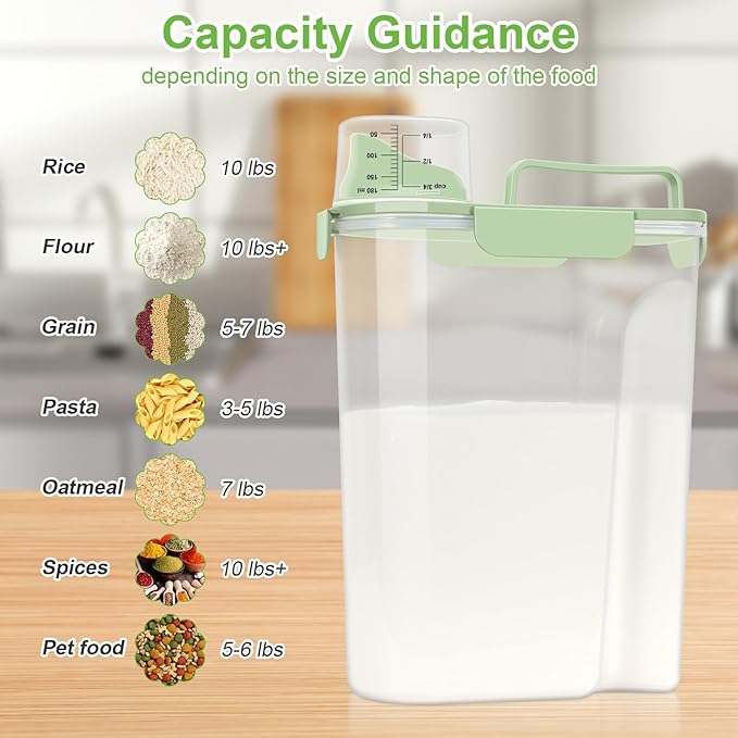 3+6Qt Rice Storage Container, Plastic Dispenser Upgraded Large Nozzle, BPA-free, With Sealed Clasps, Measuring Cup and Handle, Easy to Clean and Carry Elegant Green-2 Pack