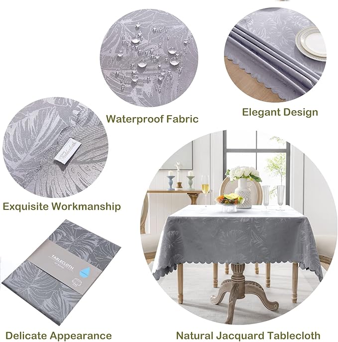 Jacquard Waterproof Square Tablecloth 54x54 Inch Grey Tablecloth Leaves Pattern Scalloped Edge Silky Soft Table cloth Wrinkle Resistant Washable Table Cover for Dining Tabletop Party Patio Decoration