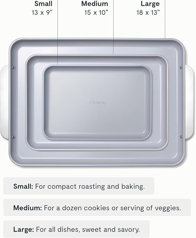 Caraway Non-Stick Ceramic Baking Sheet Trio - Naturally Slick Ceramic Coating - Non-Toxic, PTFE & PFOA Free - 18 x 13" Large, 15 x 10" Medium, & 9" x 13" Small - Perracotta