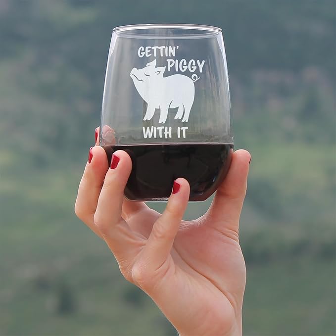 Bevvee Gettin' Piggy With It - Stemless Wine Glasses - Set of 2 - Pig Decor Gifts for Lovers of Swine and Wine - Large 17 Ounce