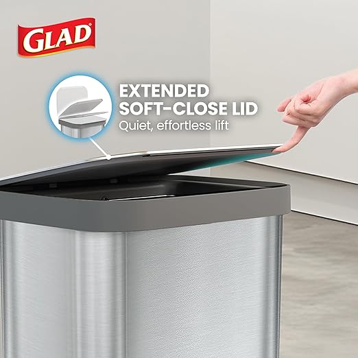 Glad Stainless Steel Step Trash Can, Series 2 with Clorox Protection - Large Metal Kitchen Garbage Bin with Soft Close Lid, Foot Pedal and Waste Bag Roll Holder, 13 Gallon