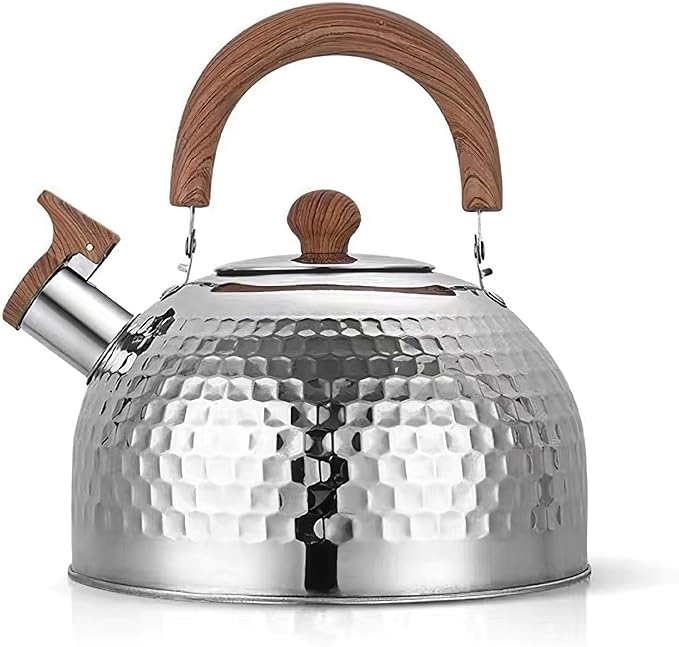 Tea Kettle, Food Grade Stainless Steel with Wood Pattern Folding Handle, Whistling Kettle for Induction, Gas, and Electric Stovetops (3 liters)