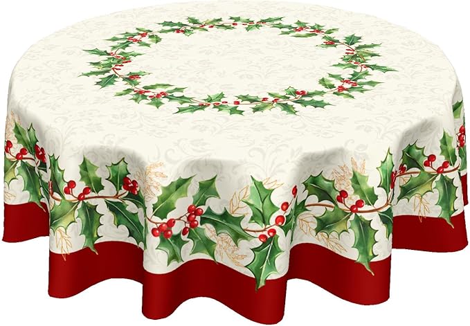 Christmas Round Tablecloth 70 Inch Red Xmas Holly Leaves Berries Pattern Circle Table Cloth Winter Holiday Decorative Table Cover for Kitchen Dinner Home Decor
