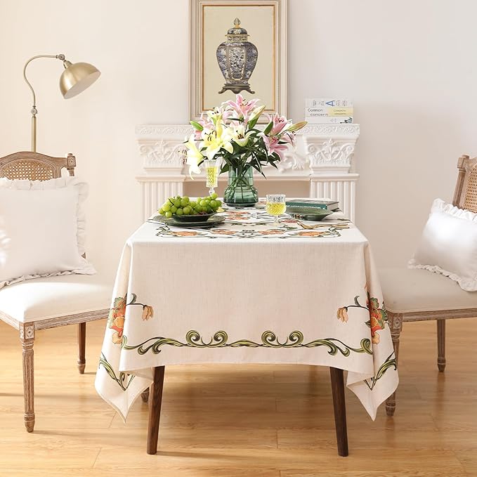 patdrea Designer Vintage Linen Rectangle Tablecloth,French Floral Tablecloths,Wrinkle Free Table Cloth,Decorative Table Cover Cloth for Kitchen,Dining,Tea Party,Home,Christmas,55"*79"
