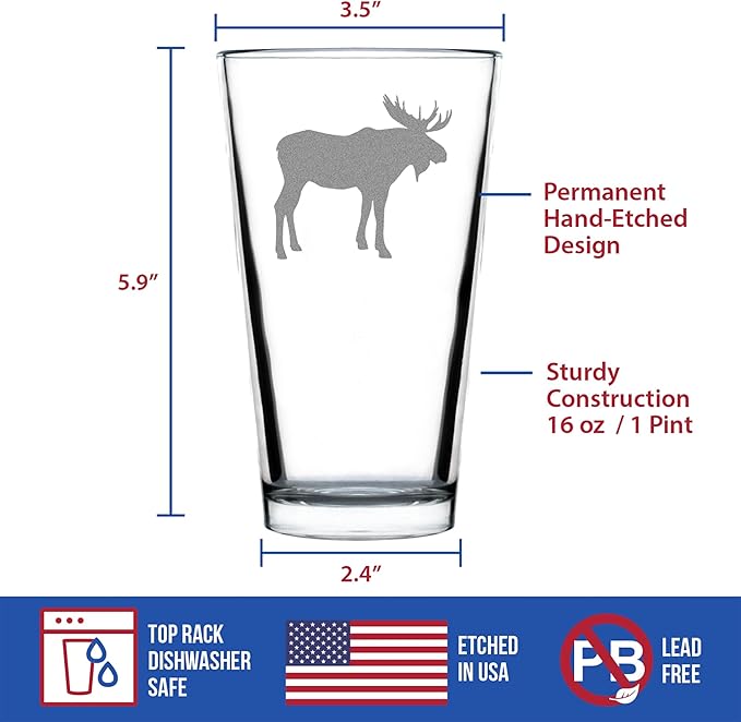 Custom Moose - 16 oz Pint Glass for Beer - Cabin Themed Gifts or Rustic Decor for Men and Women - Fun Drinking or Party Glasses