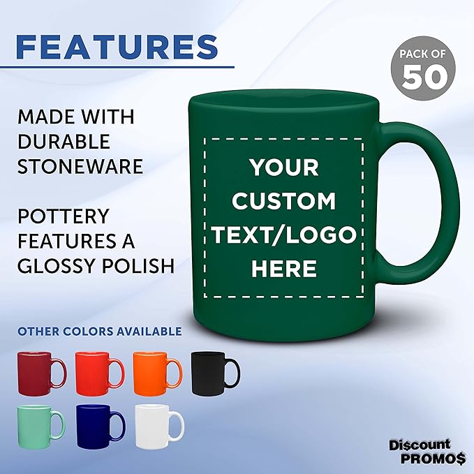 Custom Ceramic Coffee Mugs 11 oz. Set of 50, Personalized Bulk Pack - Coffee cup set, Iced coffee cup, Gaming mug - Green