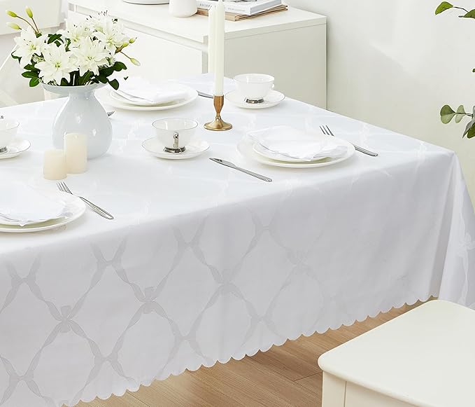 Newbridge Ribbons and Bows Damask Spring & Easter Holiday Fabric Tablecloth, White, 52 x 70 Inch Rectangle, Wrinkle & Stain Resistant Table Cover