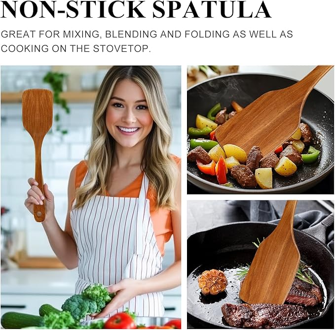 2 PCS Acacia Wood Spatula for Cooking Utensil Set Baking Spatulas for Kitchen Use Accessories Flat Slotted Turner Non Toxic Olive Wooden Utensils Non Stick Bamboo Serving Spatula Long Wok Spatulas