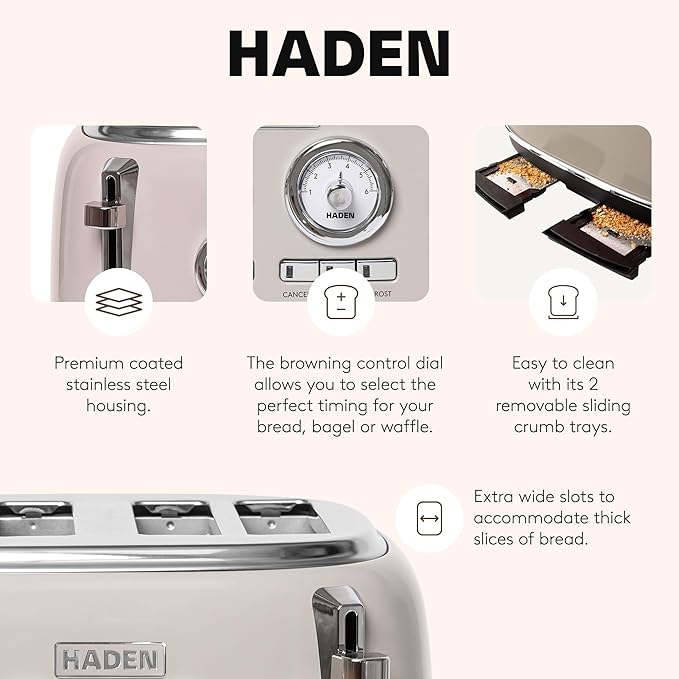 Haden Dorset 4-Slice Wide-Slot Toaster, Stainless-Steel Bread Toaster with Adjustable Browning Control, Crumb Tray & Non-Slip Feet, Putty & Chrome