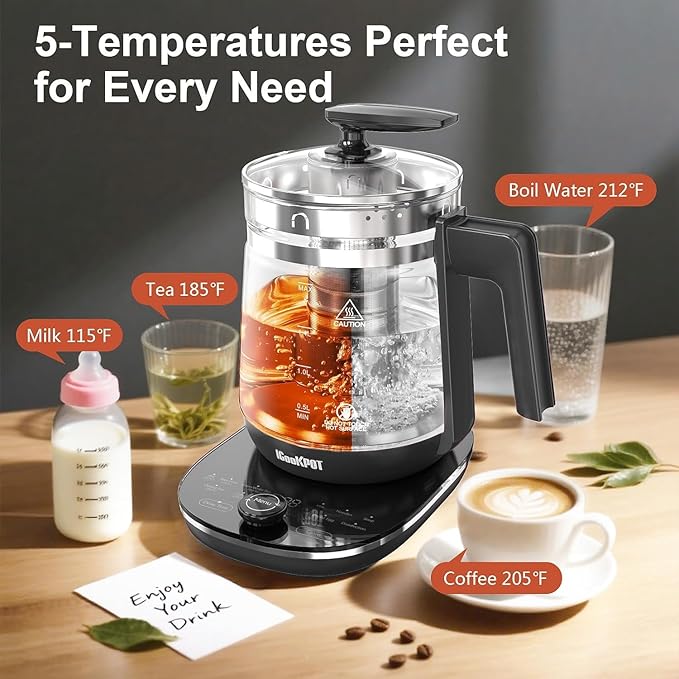 1200w Electric Kettle, 1.5L Borosilicate Glass tea kettle, Hot water kettle electric for Coffee or Tea, BPA Free, Auto Shut-Off, Stainless Steel, Fast Boil, Black