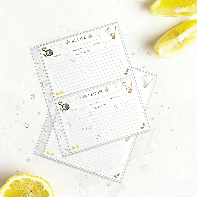 Recipe Card Page Protectors, fit 6-Ring Recipe Binder & 3-Ring Binder (8.5" x 9.5"), 2 Pockets Per Page, Recipe Binder Refill Pages