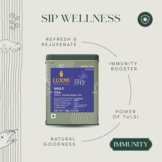 Luxmi Estates - Holy Basil - Organic Tulsi Tea - Loose Leaf - 50g (25 Cups) | With Tulsi and Ginger