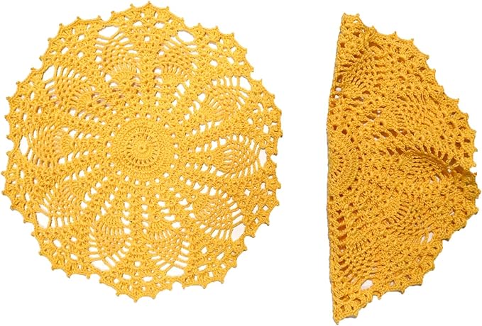 BIBITIME Lace Doilies Crochet Handmade Lace Coasters Round Placemat Rustic Table Doilies Decors for Kitchen Dining Room Party Dressers (11 inches to 12 inches,Pack of 2 PCS, Yellow)