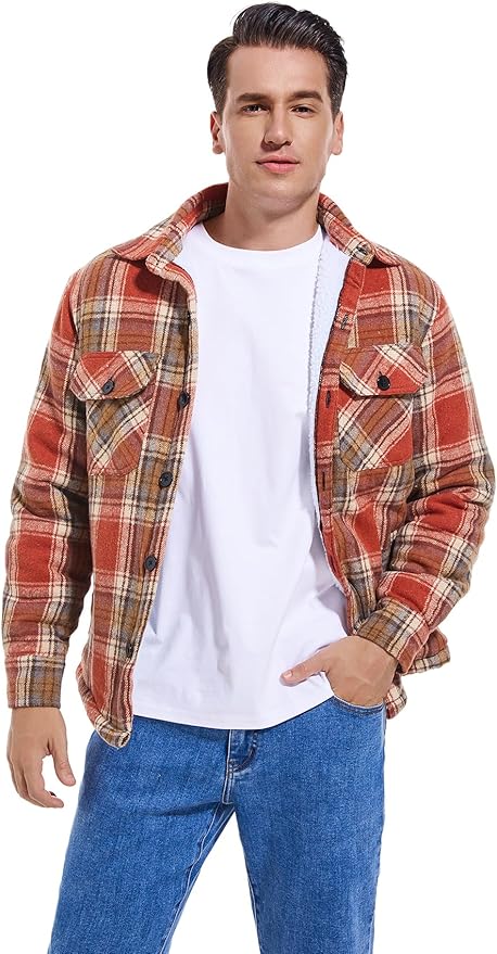 Men's Cotton Sherpa Lined Button Down Flannel Shirt Jacket Plaid Soft Outdoor Flannel Jacket Shirt