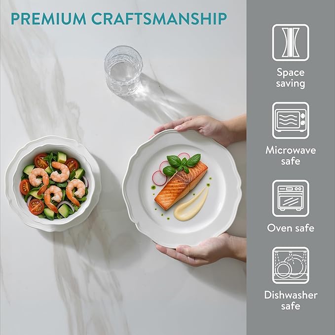 Navaris Scandi Style Porcelain Dinnerware Set - Ceramic Crockery Sets for 4 - Stackable Dishes with Dinner and Salad Plates Cereal Bowls - Dishwasher & Microwave Safe - 12pcs White