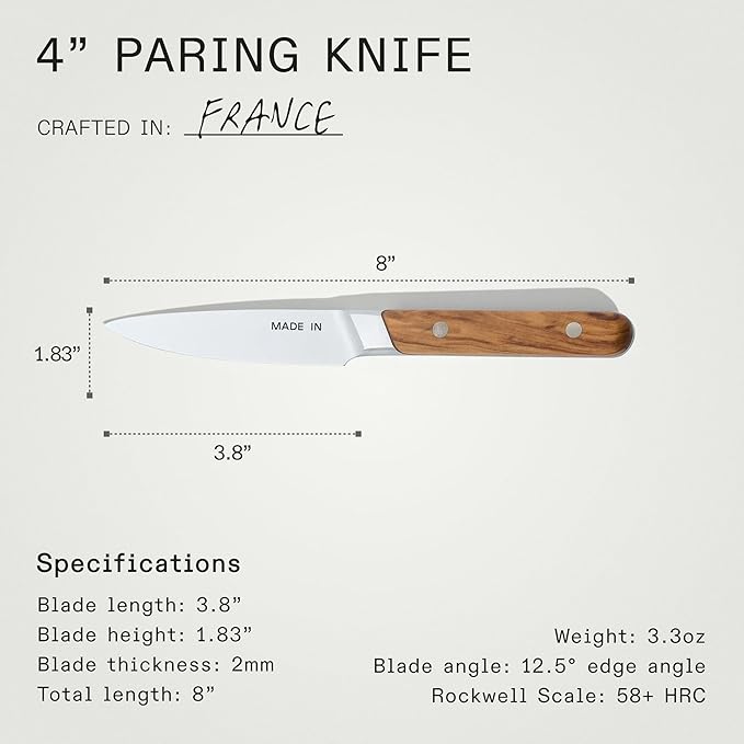 Made In Cookware - 4" Paring Knife France - Full Tang With Olive Wood Handle