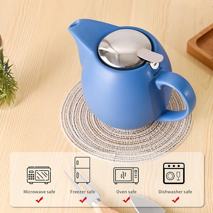Yundu 32 ounce Blue Porcelain Tea Pot - Stainless Steel Lid and Fine Infuser To Brew Loose Leaf Tea, Enough For 4 Cups