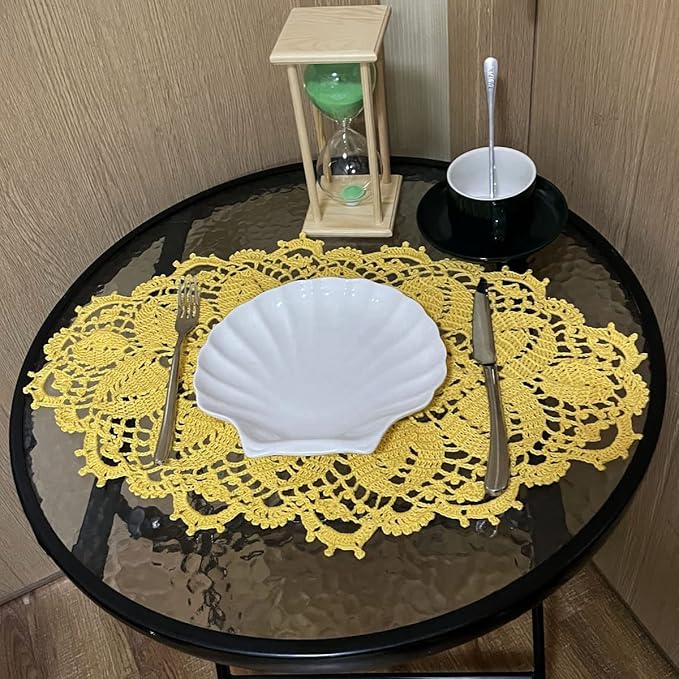 BIBITIME Lace Tablecloth Doily Handmade Crochet Placemat Women Vase Mat Kitchen Table Runner (4PCS- 12 x 22 in, Yellow)