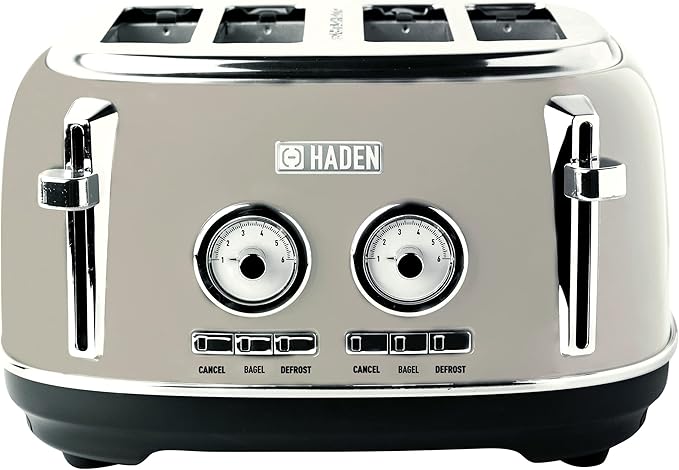 Haden Dorset 4-Slice Wide-Slot Toaster, Stainless-Steel Bread Toaster with Adjustable Browning Control, Crumb Tray & Non-Slip Feet, Putty & Chrome
