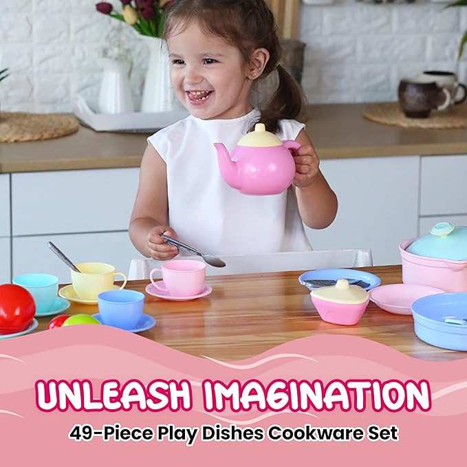 uToyz Kids Play Kitchen Toys – 49pcs Pretend Play Kitchen Accessories with Cooking Toys, Large Kids Pots and Pans Playset, Toy Dishes for Toddler Cooking Set, Pretend Pots and Pans for Ages 3+