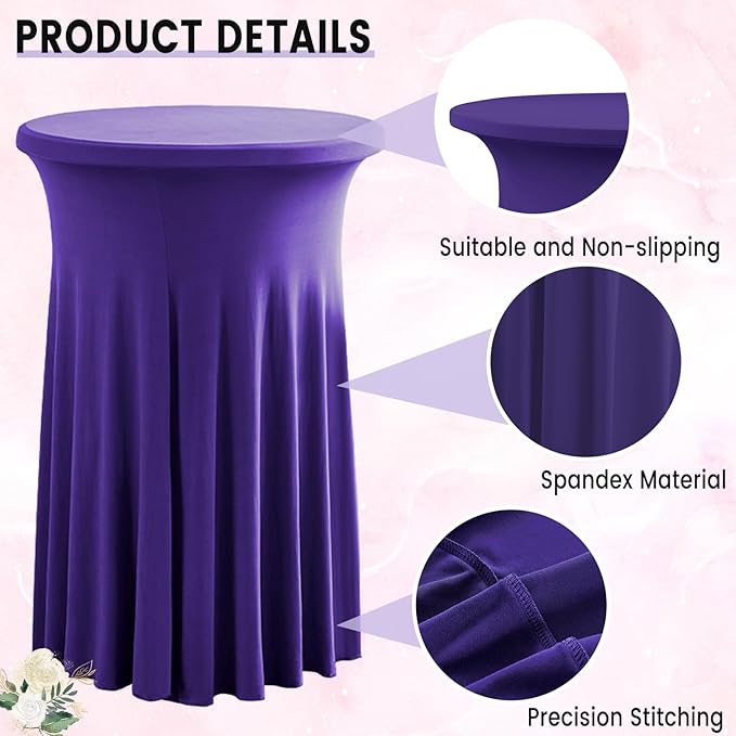 Qubjus 2 Pack Cocktail Tablecloths Stretch Table Skirt - 32x43 inch Bar High Top Stylish and Elegant Cocktail Table Covers for Parties, Weddings, Holidays - Purple