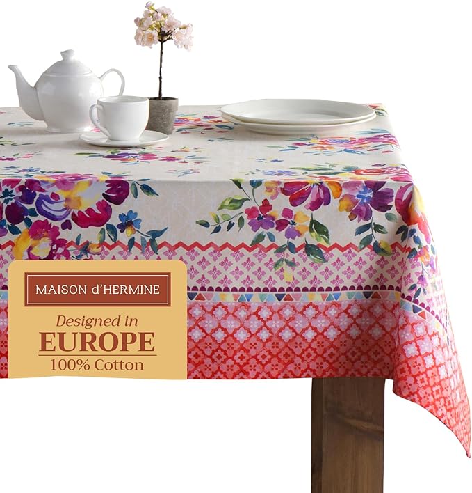 Maison d' Hermine Table Cloth Rectangle Table 100% Cotton 70 x 108 Inches Tablecloth Reusable Decorative for Dining Room Farmhouse Home Valentines Day Decorations Spring Summer - Rose Garden