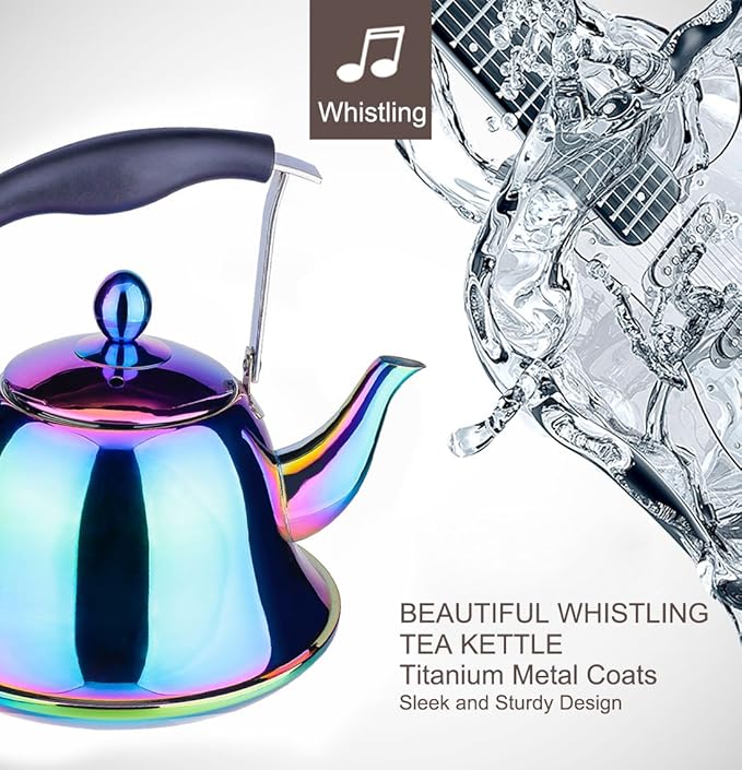 Whistling Tea Kettle Stainless Steel Stovetop Teakettle with Infuser Sturdy Teapot for Tea Coffee Fast Boiling Color Rainbow Mirror Finish 2 Liter / 2 Quart