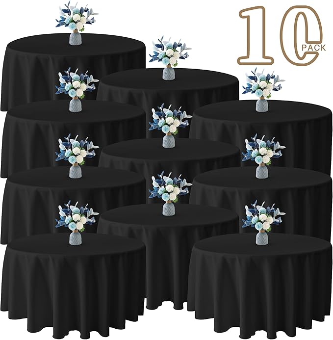 BIGTONE 10 Pack Black Round Polyester Tablecloth 120 Inch, Wrinkle and Stain Resistant Washable Polyester Fabric Table Cloth for Dining Room Kitchen Party, Black