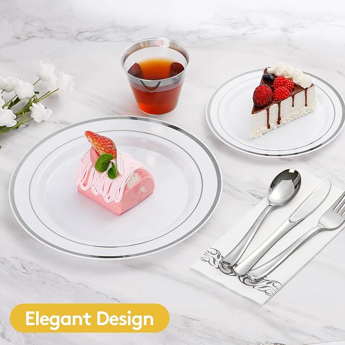 Goodluck 350 Piece Silver Dinnerware Set for 50 Guests, disposable Plastic Plates for Party, Include: 50 Dinner Plates, 50 Dessert Plates, 50 Paper Napkins, 50 Cups, 50 Silverware set
